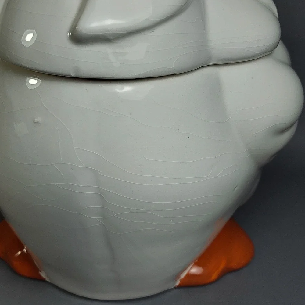 Vtg Mother Goose Ceramic Cookie Jar W/Blue Ribbon & Orange Feet Cottagecore 13